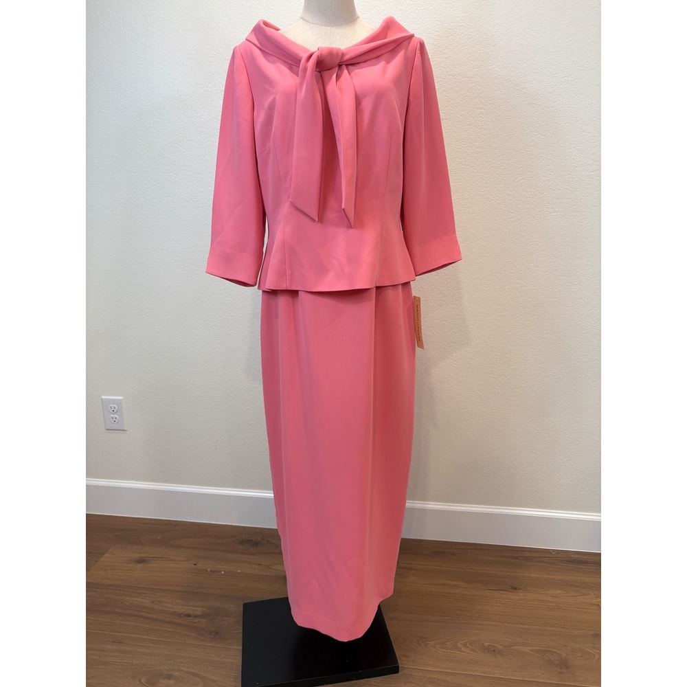 NWT Maggy London Dress 12 Pink Tie Neck Portrait Collar Crepe retro 60s Jackie O